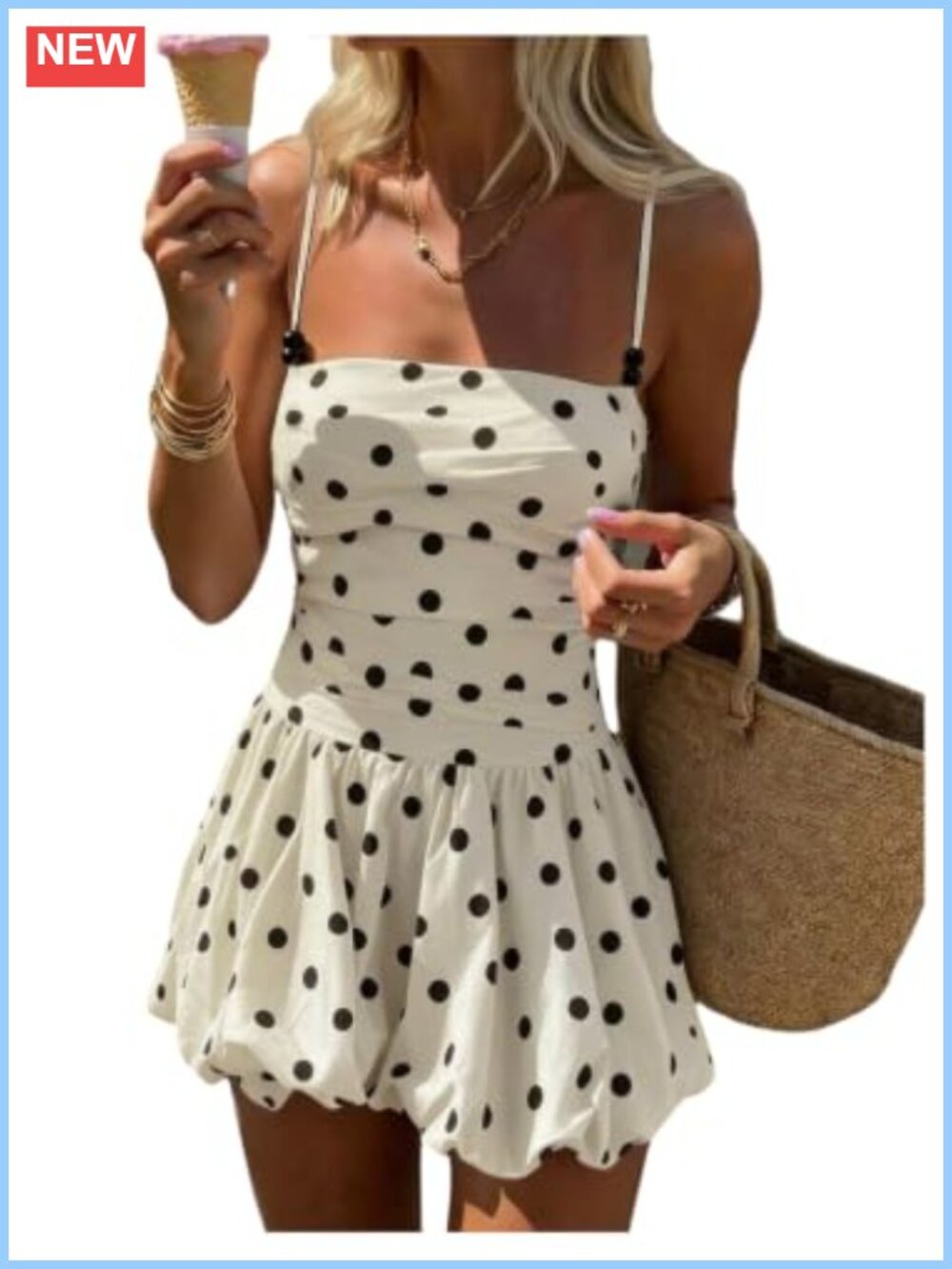 Polka Dot Ruffle Mini Dress Beaded Ruched Smocked Spaghetti Strap A-Line